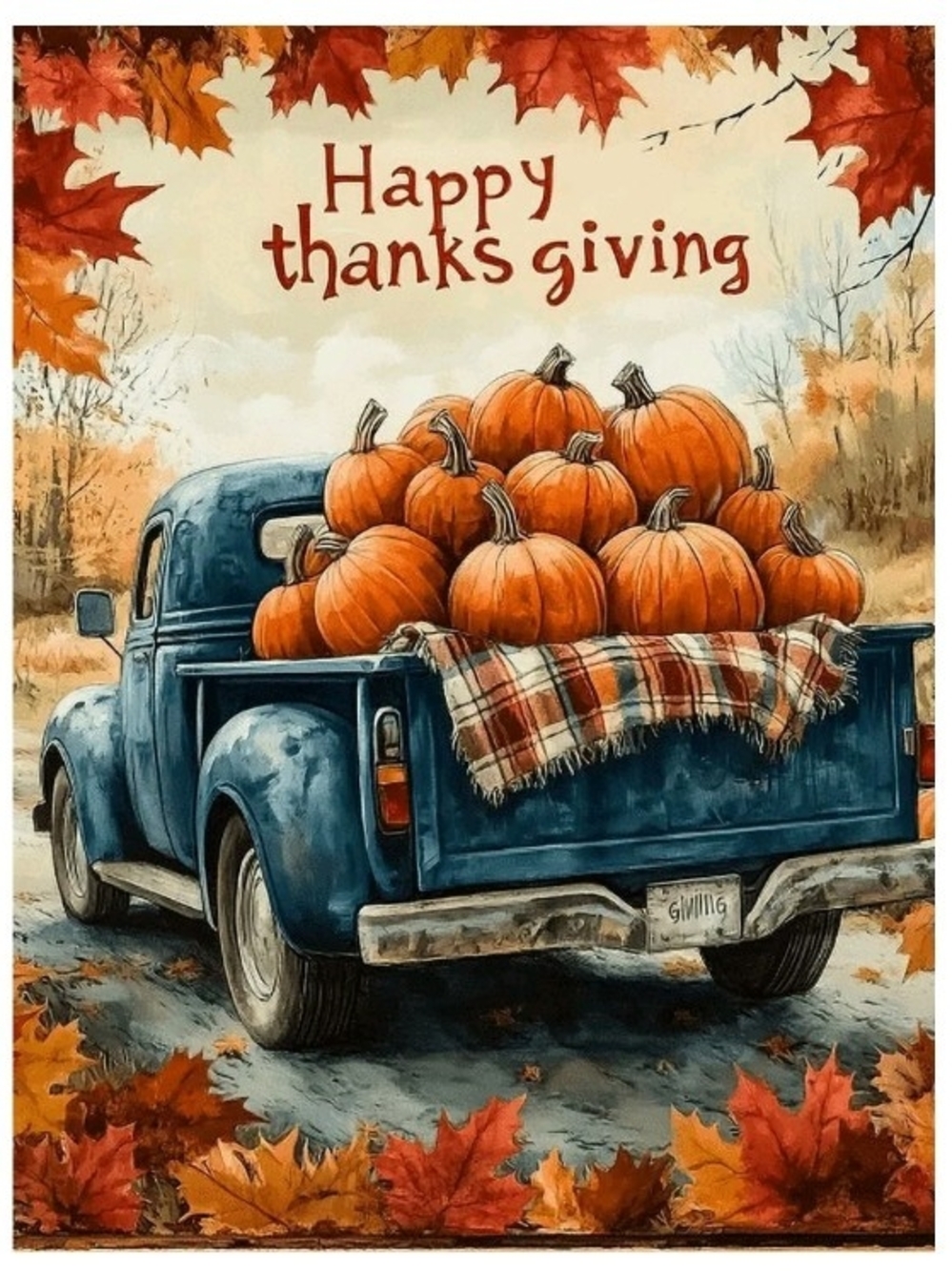 Vintage Blue Pickup Truck with Pumpkins - Thanksgiving Wall Art 8x10 Print